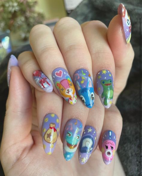 Purple ombré nails with animal crossing characters painted on each nail Animal Crossing Nails Design, Animal Crossing Nail Art, Pokemon Nails Designs, Animal Crossing Nails, Animal Crossing Painting, Iris Nails, Nail Story, Cartoon Nail Designs, Neat Nails