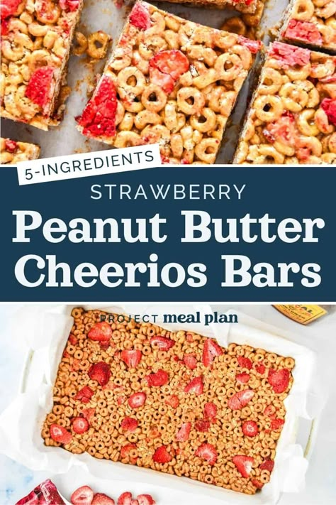 Enjoy a nostalgic, family-approved treat with these No-Bake Strawberry Peanut Butter Cheerios Bars! Make-ahead friendly, these crunchy bars take just 5 ingredients and taste like PB&J thanks to the freeze-dried fruit mixed right in! Baking With Cheerios, Strawberry Cheerios Recipes, Strawberry Cheerio Bars, Pb Cheerio Bars, Homemade Fruit Bars Kids, No Bake Cheerio Bars, Freeze Dried Strawberries Uses, Freeze Dried Breakfast, Freeze Dried Strawberry Granola Bars