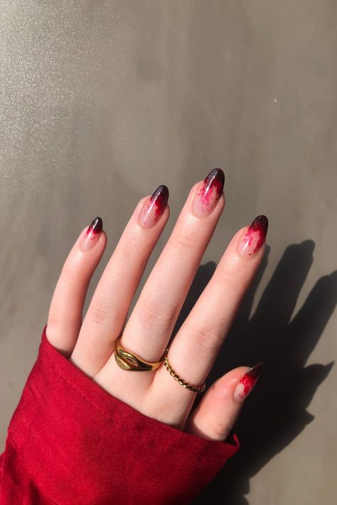 Breakup Nail Designs, Blood Dipped Nails, Gothic Valentines Nails, Blood Nail Art, Gay Nails, Blood Splatter Nails, 2023 Manicure, Stained Nails, Zombie Nails