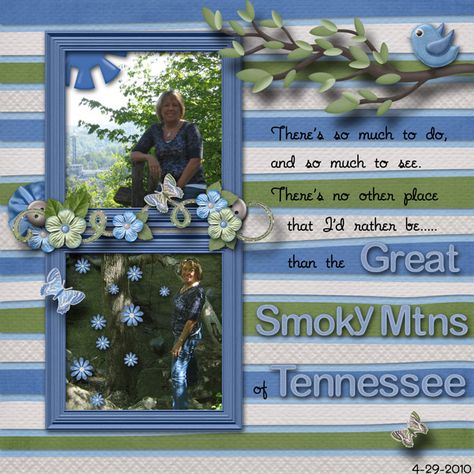 The Great Smoky Mtns. of Tennessee - Scrapbook.com Hiking Scrapbook Page Ideas, Acadia National Park Scrapbook Layouts, Hiking Scrapbook Pages, Hike Scrapbook Page, Smoky Mountain Scrapbook Layouts, Travel Scrapbook Pages, Nashville Trip, Vacation Scrapbook, Pocket Cards