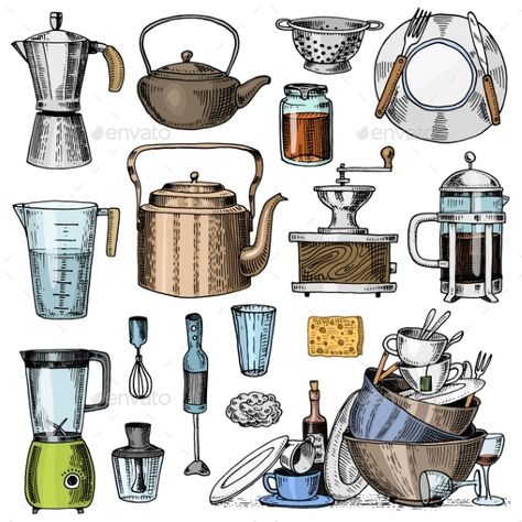 Coffee maker or grinder, french press, measuring capacity, colander or blender. Chef and dirty kitchen utensils, cooking stuff for Kitchen Utensils Drawing, Kitchen Utensils Illustration, Utensils Drawing, Watercolor Kitchen, Watercolor Food Illustration, Kitchen Objects, Dirty Kitchen, Kitchen Drawing, Cooking Stuff