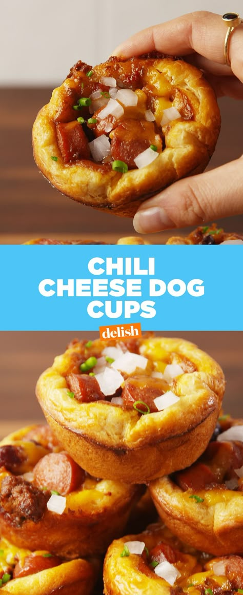 Tailgate Snack, Biscuit Cups, Tailgate Snacks, Chili Cheese Dogs, Cheese Dog, Muffin Tin Recipes, Meat Appetizers, Meat Snacks, Hot Dog Recipes