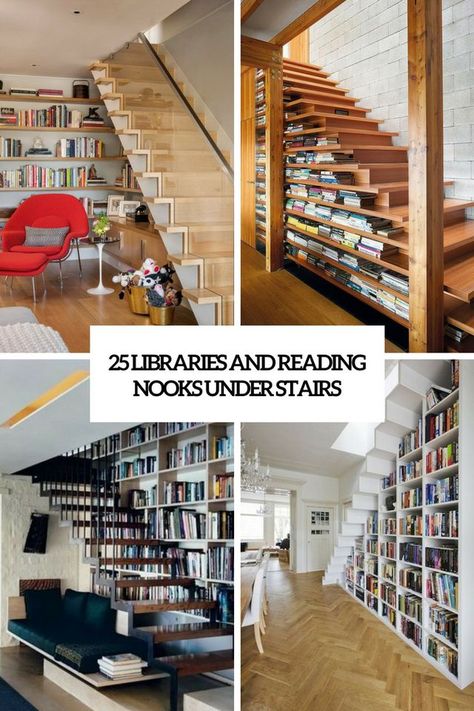 25 Libraries And Reading Nooks Under Stairs | DigsDigs | Bloglovin’ Under The Stairs Nook, Stairs Library, Bookcase Stairs, Stairs Nook, Stair Nook, Stairs Covering, Montana Cabin, Stair Makeover, Tiny House Stairs