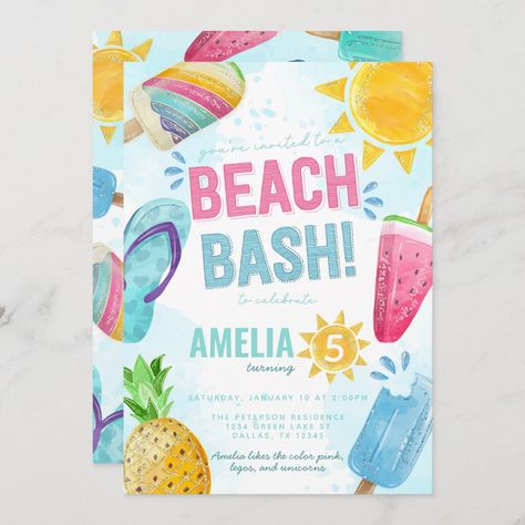 Beach Birthday Party Invitations, Summer Baby Shower Invitations, Summer Graphics, Summer Birthday Invitations, Summer Invitation, Beach Bash, Pool Party Birthday Invitations, Pop Baby Showers, Twins Birthday