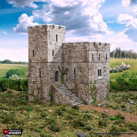 The Norman Stone Fort is a centerpiece for your tabletop fantasy role-playing and historical wargames. It measures approximately: 2.92" x 2.73" x 3.41" in the 10mm scale; 4.38" x 4.1" x 5.11" in 15mm; 5.84" x 5.47" x 6.82" in 20mm; 7.3" x 6.83" x 8.52" in 25mm; 8.18" x 7.66" x 9.55" in 28mm; 9.35" x 8.76" x 10.92" in 32mm; 11.68" x 10.94" x 13.64" in 40mm; and 15.77" x 14.77" x 18.41" in 54mm. Item comes unpainted in 12 pieces for 10mm through 28mm. 32mm through 54mm come unpainted in 25 pieces. Mini Castle House, Fantasy Fort, Tiny Castle, Castle Layout, Small Castle, Norman Castle, Small Castles, Wargaming Terrain, King And Country