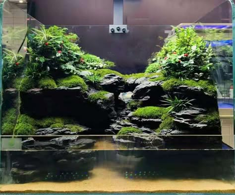 10 Gallon Paludarium, Paludarium Waterfall, Waterfall Sculpture, Paludarium Vivarium, Aquascape Diy, Turtle Enclosure, Stone Waterfall, Terrarium Tank, Fish Tank Terrarium