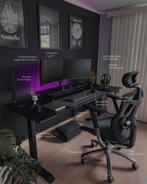 Setups & Tech (@setups.mk) • Instagram photos and videos Trading Office Setup, Black Gamer Room, Pc Gaming Setup Black, Black Pc Setup, Computer Setup Aesthetic, Black Gaming Setup, Pc Setup Aesthetic, Creative Home Office Ideas, Dream Home Office