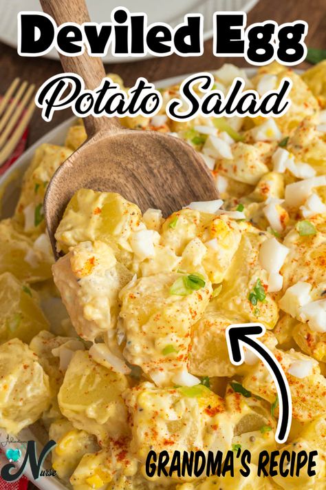 Indulge in the ultimate comfort food with our mouthwatering Deviled Egg Potato Salad recipe! Creamy potatoes, crunchy celery, and zesty onions blend harmoniously with silky smooth deviled egg filling for a dish that's sure to impress. Perfect for picnics, barbecues, or cozy family dinners. Try it today Creamy Potato Salad With Egg, Mustard Potato Salad No Eggs, Potato Salad With Egg And Pickles, Deviled Eggs Potato Salad Recipe, Devilled Egg Potato Salad, Different Egg Salad Recipe, Potato Salad With Bacon And Egg, Potato Salad With Pimentos, Easy Potato Salad Recipe With Egg