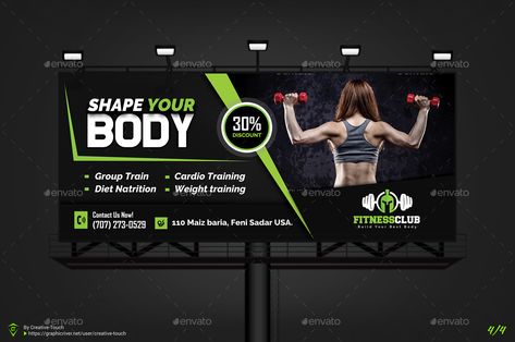 Fitness / Gym Billboard Templates Preview - GraphicRiver Billboard Template, Fitness Templates, Graphic Design Flyer, Brochure Design Template, Promote Your Business, Weight Training, Design Color, Brochure Template, Fitness Gym