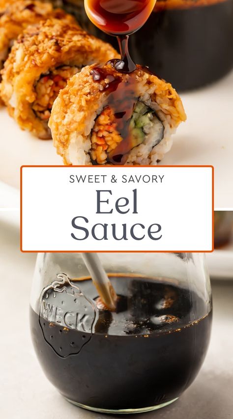 Eel sauce is a sweet and salty Japanese sauce that's commonly served on sushi and is just delicious on chicken or fish. It's SO easy to make (and there's no eel involved!) and takes your homemade Japanese food to the next level. Sushi Sauce Recipes, Homemade Japanese Food, Sushi Sauces, Eel Sauce Recipe, Diy Sauces, Eel Sauce, Baked Mussels, Sushi Sauce, 40 Aprons