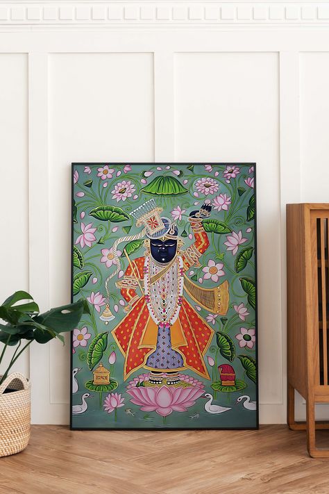 Shreenathji Rangoli, Indian Wall Painting, Shreenathji Pichwai, Shreenathji Painting, Radhe Govinda, Indian Wall Decor, Indian Wall Art, Decor Gallery Wall, Traditional Wall Art