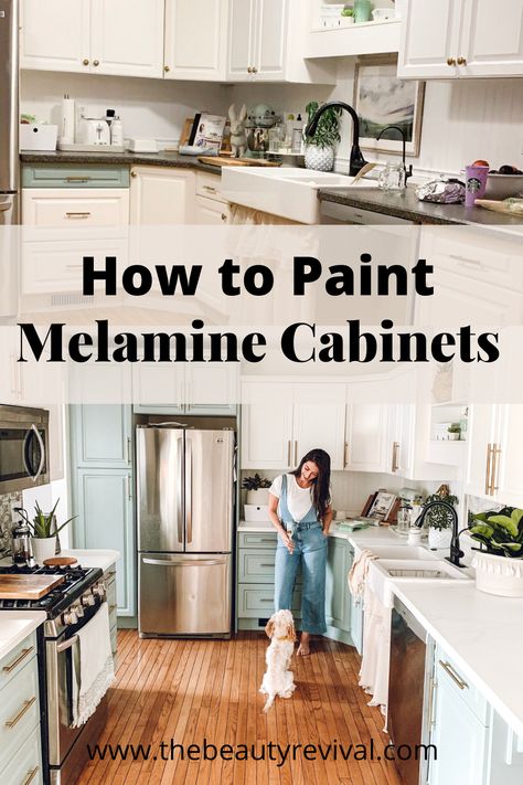 How to paint melamine cabinets. Cheap budget friendly kitchen makeover idea! Diy Updated Kitchen Cabinets, Paint Laminate Kitchen Cabinets, Painted Melamine Kitchen Cabinets, Painting Melamine Kitchen Cabinets, Painting Vinyl Wrapped Cabinets, How To Paint Melamine Furniture, How To Paint Melamine Cabinets, Melamine Cabinet Makeover, Inside Cabinets Makeover