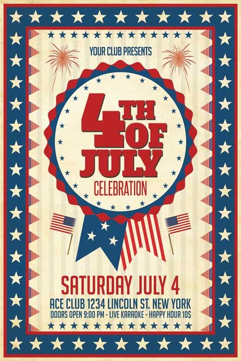 4th of July Flyer Template 4th of July Flyer Template 4th of July flyer template – Super easy to edit, well organized in folders with names, you can easily change texts, Colors, Add/Remove elements to this layered PSD. Features 300 DPI CMYK Layered PSD All texts are editable Very easy to edit A4 size Fonts… Retro Template, 4 July Usa, Independence Day Poster, Golf Event, July Fourth, Party Bar, Live Wallpaper Iphone, Pub Bar, Poster Retro