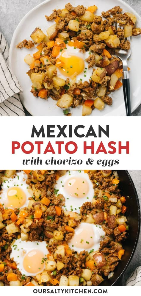 Spicy Mexican inspired potato hash is the recipe that keeps on giving - it's a breakfast, lunch or dinner, with options for meal prep too! Quick and comforting and chock full of protein and vegetables, potato hash is a one pan wonder you can revisit and revise endlessly. Yukon gold or russet potatoes provide a crispy and pillowy base for spicy chorizo and jalapeno. Top with eggs your way for a complete meal, on or off a whole30! #breakfast #mexicanrecipes #potatohash #whole30 #glutenfree Chorizo Recipes Dinner, Potato And Egg Breakfast, Chorizo Hash, Mexican Potatoes, Chorizo And Potato, Chorizo And Eggs, Whole30 Breakfast, Hash Recipe, Potato Dinner