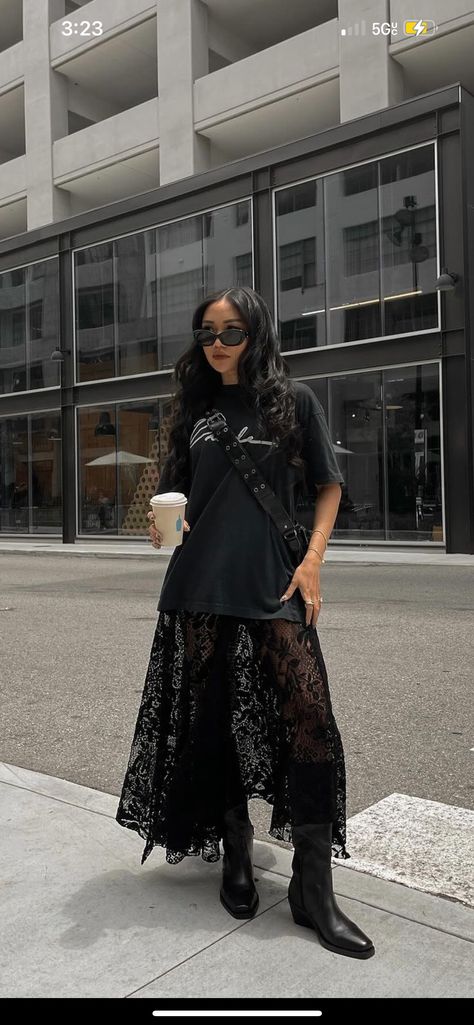 Chic Emo Outfits, Long Black Sheer Skirt Outfit, Suki Waterhouse Concert Outfit Ideas, Gen Z Concert Outfit, Fall Outfits 2024 Street Style, Lace Top Styling, Sheer Top Outfit Street Style, Rainbow Kitten Surprise Concert Outfits, Festival Clothes