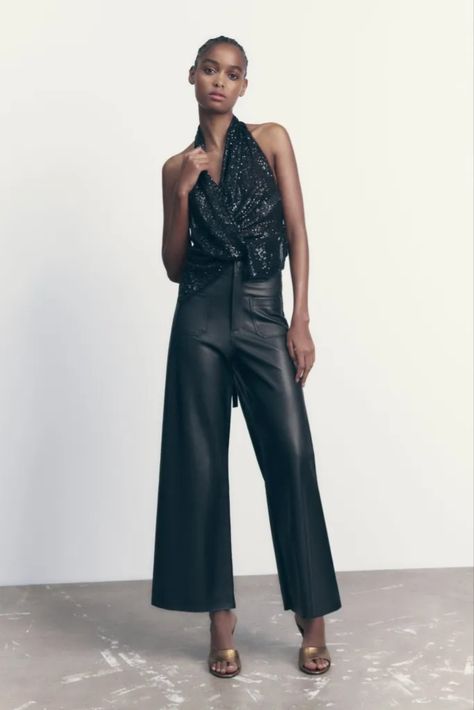 Zara Faux Leather Pants Trends Ss24, Straight Cut Pants, Zara Jumpsuit, Chic Leather, Flowy Pants, The Marine, Leather Trousers, Red And Black Plaid, Faux Leather Pants