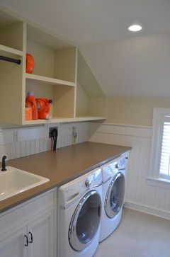 idea for sloped ceiling shelving in laundry room Laundry Room Sloped Ceiling, Laundry Room With Slanted Ceiling, Laundry Room Slanted Ceiling, Angled Ceiling Laundry Room, Laundry Room Angled Ceiling, Slanted Ceiling Laundry Room, Sloped Ceiling Laundry Room, Shelving In Laundry Room, Room With Slanted Ceiling