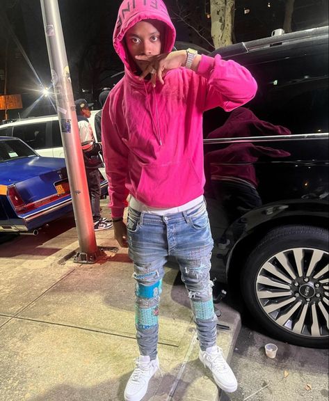 Sha Ek, Purple Jeans Outfit, Pink Jacket Outfit, Outfit Drip, Jeans Pants Outfit, Bronx Rappers, Drip Fits, Outfits New York, Rapper Style