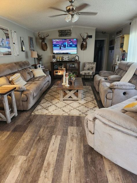 Mobile Home Remodel Farmhouse Style🐄🐽 | My husband installed this Lifeproof vinyl plank flooring in our living room this weekend | Facebook Single Wide Living Room Ideas, Lifeproof Vinyl Plank Flooring, Country Apartment Decor, Lifeproof Vinyl, Farmhouse Style Living Room Decor, Mobile Home Remodel, Remodel Farmhouse, Western Living Room, Country Bedroom Decor