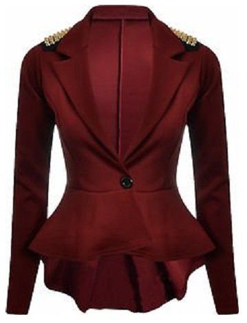 Crazy Girls Women's Fitted Dip Hem Peplum Style Blazer at Amazon Women’s Clothing store: Blazers And Sports Jackets Burgundy Blazer, Peplum Blazer, Studded Jacket, Peplum Jacket, Fitted Jacket, Peplum Styles, Womens Fashion Edgy, Blazer Buttons, Womens Fashion Casual