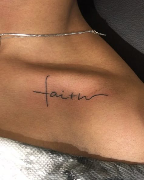 Cute Small Inspirational Tattoos, Collar Bone Tats, Collarbone Tattoo Ideas, Faith Tattoo Designs, Collar Bone Tattoo Quotes, Collarbone Tattoos, 27 Tattoo, Quote Tattoos, Bone Tattoos