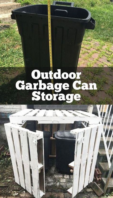 Hide your smelly trash cans in just a few hours!                                                                                                                                                     More Garden Pallet Decorations, Outdoor Garbage Can, Outdoor Garbage Storage, Trash Can Storage Outdoor, Hide Trash Cans, Garbage Can Storage, Garbage Shed, Trash Can Covers, Outdoor Pallet Projects