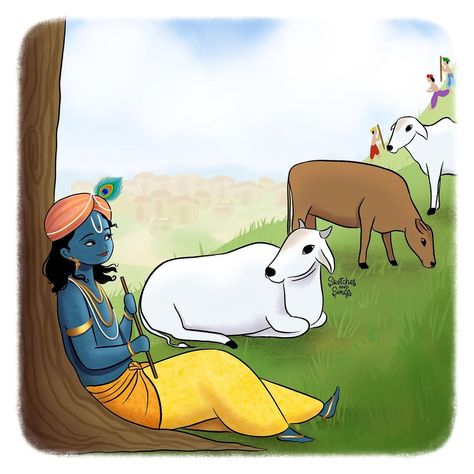 Krishna Birthday, Cow Art Print, Cow Drawing, Krishna Drawing, Fruit Cartoon, Shree Krishna Wallpapers, Srila Prabhupada, Little Krishna, Mandala Art Lesson