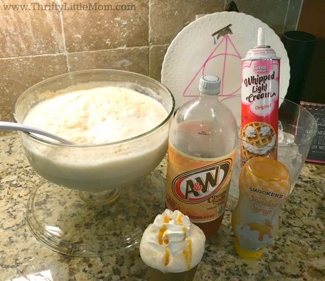 Easy Harry Potter Butterbeer Recipe » Thrifty Little Mom Butter Beer Punch Recipe, Easy Butter Beer Recipe, Butter Bear Harry Potter Recipe, Harry Potter Butterbeer Recipe, Butter Beer Recipe, Easy Butterbeer Recipe, Beer Cake Tower, Butterbeer Cake, Beer Punch