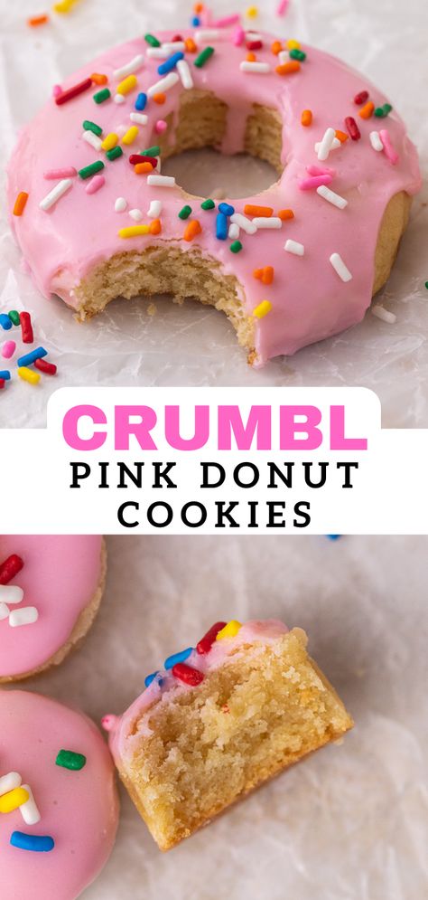 These Crumbl pink donut cookies are easy and delicious buttery cookies topped with a homemade pink glaze and rainbow sprinkles. Donut Cookies Decorated, Crumble Copycat, Doughnut Cookies, Baking Room, Crumbl Copycat, Donut Cookies, Pink Doughnut, Crumble Cookie Recipe, Lifestyle Of A Foodie