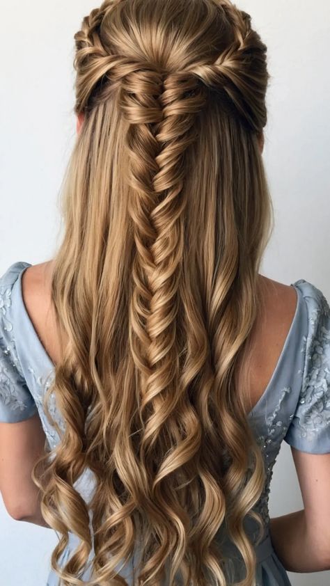 Glamorous Hairstyles For Long Hair, Formal Updos For Long Hair, Unique Prom Hairstyles, Half Up Braids, Updos Simple, Half Up Half Down Curly, Braided Updo Hairstyles, Long Hair Ideas, Aesthetic Hairstyles