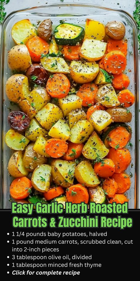 This garlic herb roasted potatoes, carrots, and zucchini recipe is a savory delight! Perfectly roasted with aromatic garlic and herbs, it’s an easy side dish that even picky eaters will love. Ideal for weeknight dinners or special occasions, this veggie mix is healthy, flavorful, and irresistibly delicious. Don’t miss out—save this recipe now! Seasoned Veggies Roasted Vegetables, Simple Side Dishes For Dinner Healthy, Seasonal Vegetable Recipes, Tasty Veggie Sides, Gluten Free Dairy Free Vegetable Side Dishes, Frozen Vegetable Recipes Sides, Ways To Incorporate Vegetables, Best Way To Cook Vegetables, Carrot Zucchini Recipes