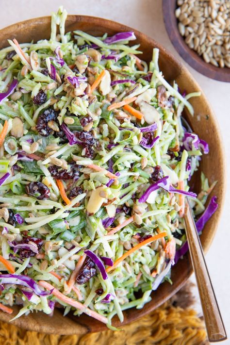 Crunchy Broccoli Slaw with Creamy Coleslaw Dressing - The Roasted Root Broccoli Slaw Dressing, Healthy Broccoli Slaw, Recipe With Almonds, Broccoli Slaw Recipe, Broccoli Cole Slaw, Creamy Coleslaw Dressing, Broccoli Slaw Salad, Healthy Coleslaw Recipes, Broccoli Slaw Recipes