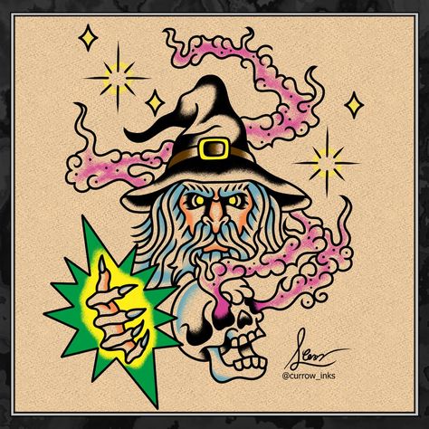 Wizard Tattoo Flash, Traditional Wizard Tattoo, Wizard Tattoo Design, Wizard Drawings, Wizard Tattoo, Optical Illusion Tattoos, Illusion Tattoos, Backpiece Tattoo, Colour Tattoo