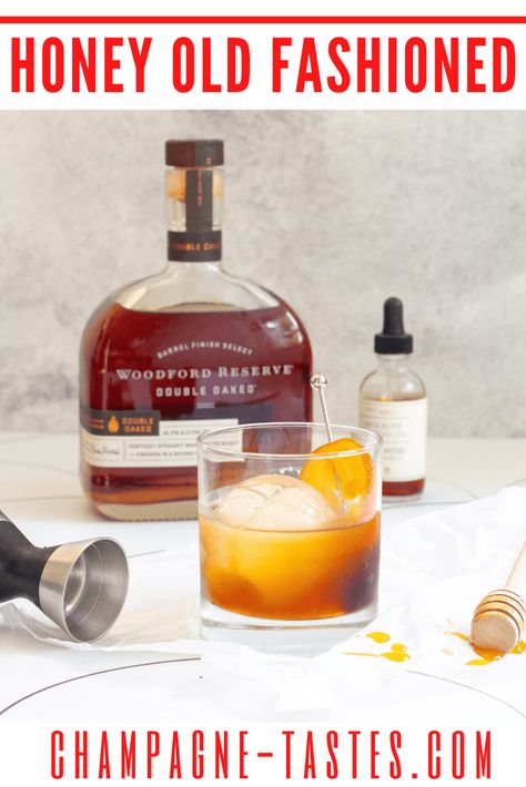 This honey old fashioned cocktail is made with bourbon, aromatic bitters and a homemade honey simple syrup. Honey Old Fashioned, Old Fashioned Simple Syrup Recipe, Honey Cocktail, Bourbon Old Fashioned, Kentucky Derby Party Food, Strong Cocktails, Honey Simple Syrup, Booze Drink, Honey Bourbon