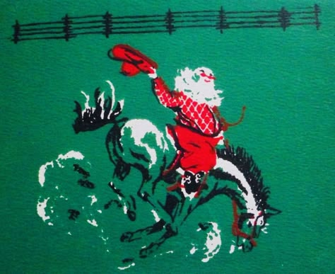 Cowboy Christmas Aesthetic, Cowboy Christmas Wallpaper, Vintage Cowboy Christmas, Christmas Cowboy, Cowboy Santa, Cowboy Santa Art, Vintage Western Fabric Cowboys, Retro Christmas Cards, Cowgirl Art