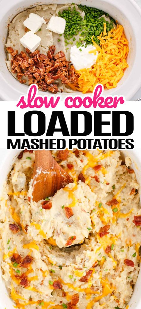 Slow Cooker Loaded Mashed Potatoes are the ultimate side dish, perfect for your average weeknight dinners and worthy of your holiday feasts! #Realhousemoms #crockpot #slowcooker #mashedpotatoes #potatoes #sidedish #thanksgiving #christmas #sourcream #cheddarcheese #cheesy Loaded Mashed Potatoes Recipe, Twice Baked Mashed Potatoes, Crockpot Thanksgiving, Potato Recipes Crockpot, Bacon Mashed Potatoes, Crockpot Mashed Potatoes, Baked Mashed Potatoes, Slow Cooker Baking, Slow Cooker Potatoes