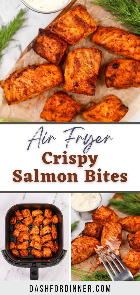 If you're looking for healthy air fryer recipes, you need to try these easy Air Fryer Salmon Bites! Versatile, delicious, and made with just a handful of ingredients, this easy salmon recipe is perfect for dinner, appetizers, or meal prep. Flavorful, flaky, and packed with protein. Easy Air Fryer Salmon, Salmon In Air Fryer, Salmon Bites Recipe, Crispy Salmon, Air Fryer Salmon, Healthy Air Fryer, Salmon Bites, Fried Salmon, Salmon Seasoning