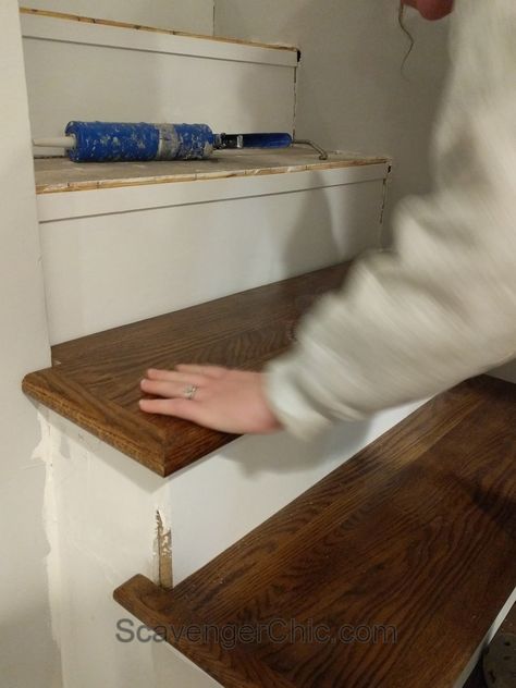 Replacing Stair Treads, Refinishing Stairs, New Stair Treads, Replace Stairs, Pine Stair Treads, Stairs Remodel, Refinish Stairs, Knotty Pine Paneling, Stairs Treads And Risers