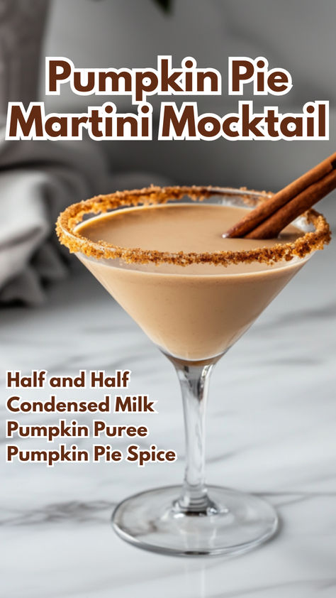 Pumpkin Pie Martini Mocktail Pumpkin Mocktail Recipe, Martini Mocktail Recipe, Fall Drink Recipes Nonalcoholic, Pumpkin Mocktails, Non Alcoholic Martini, Fall Non Alcoholic Drinks, Fall Drinks Nonalcoholic, Fall Mocktail Recipe, Fall Martini