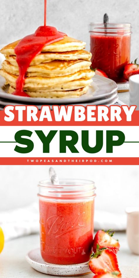 Add this Strawberry Syrup to your favorite homemade condiment recipes! This homemade sauce recipe is made with fresh strawberries and is perfect for pancakes, waffles, French toast, and more! Save this pin! Strawberry Syrup Recipe, Strawberry Syrup Recipes, Pancake Syrup Recipe, Waffles Ice Cream, Strawberry Recipes Easy, Strawberry Scones, Homemade Sauce Recipes, Homemade Condiments, Homemade Syrup