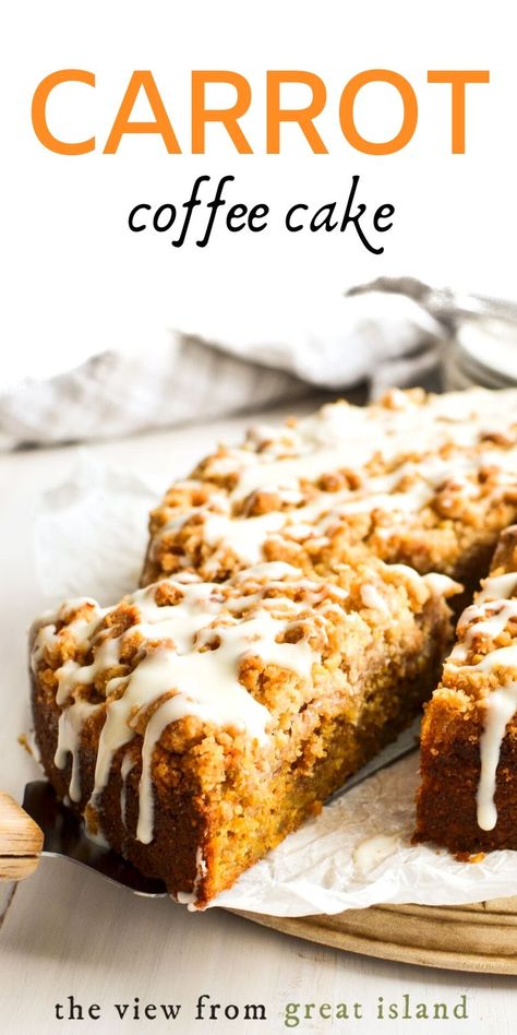 Carrot Coffee Cake with Cream Cheese Glaze ~ it's not just an excuse to eat carrot cake for breakfast (ok maybe it is) it's also a fresh take on a classic! #easy #recipe #coffeecake #breakfast #breakfastcake #carrot #cake #streusel #glazed #moist #best #fromscratch Carrot Coffee Cake, Coffee Cake With Cream Cheese, Carrot Desserts, Cake Calories, Sweet Breakfast Treats, Cake For Breakfast, Cream Cheese Glaze, Coffee Cakes, Coffee Cake Recipes