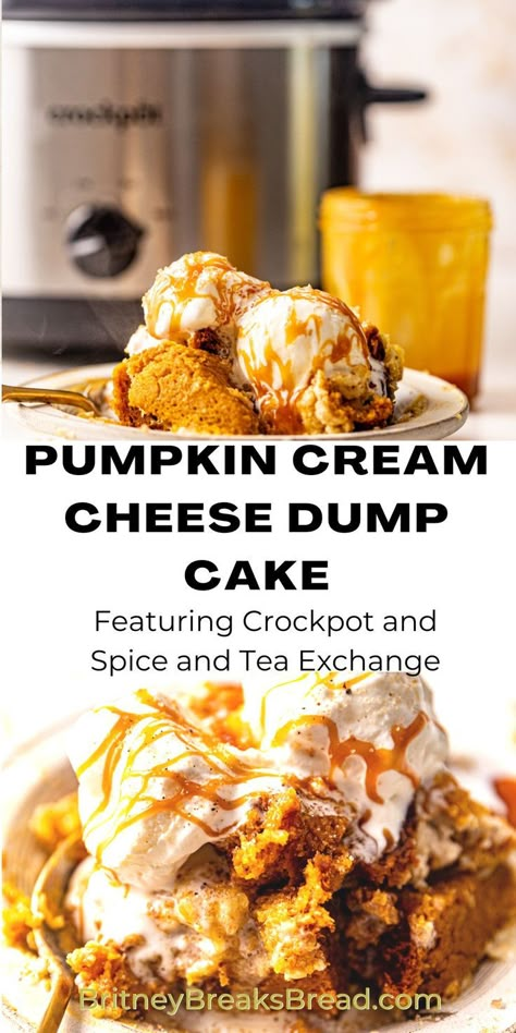 pumpkin cream cheese dump cake in a bowl with ice cream and caramel. Pumpkin Dump Cake With Cream Cheese, Pumpkin Lava Cake Crock Pot, Slow Cooker Pumpkin Spice Lava Cake, Pumpkin Dump Cake Recipe With Spice Cake Crock Pot, Pumpkin Dump Cake Slow Cooker, Crockpot Pumpkin Dessert Recipes, Pumpkin Apple Spice Dump Cake, Pumpkin Cobbler With Spice Cake, Pumpkin Spice Dump Cake Crockpot