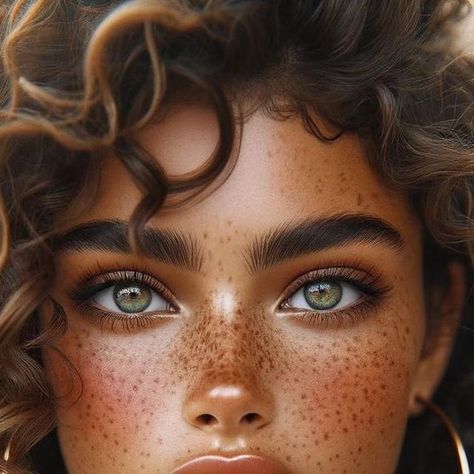 Quantum AI Views on Instagram: "Embracing the natural beauty and the essence of freckles 🌟✨  #freckles #curlyhair #naturalbeauty #expressiveeyes #goldenhoopearrings #healthyglow #freckledbeauty #fashion #portrait #2instagoodportraitlove #realbeauty #lookstunning #beautyinrain #moodyatmosphere #InstagramPortrait #model #fashioninspo #beautygoals" Big Eyebrows Natural, Freckles On Nose And Cheeks, Purple Freckles, Real Freckles, Freckle Pattern, Girls With Freckles, Freckled Girl, Woman With Freckles, Girl With Freckles