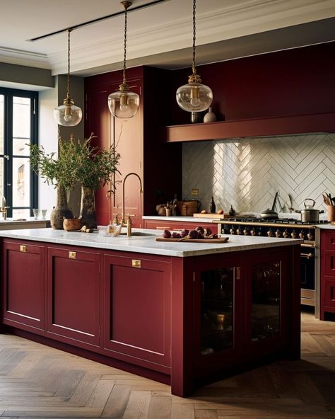 Names Of Rooms In A House, Burgundy Backsplash Kitchen, Wine Colored Kitchen Cabinets, Burgundy Kitchen Cabinets, Dark Red Kitchen, Red Kitchen Design, Aubergine Kitchen, White Herringbone Tile Backsplash, Burgundy Kitchen