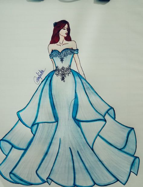 Frocks Drawing Sketches, Butterfly Dress Drawing Fashion Illustrations, Balance Dress Design Sketch, Gradation Design Dress Illustration, Gowns Dresses Drawing, Prom Dress Sketches Design, Formal Dress Illustration, Gown Designs Drawing, Dress Sketch Ideas