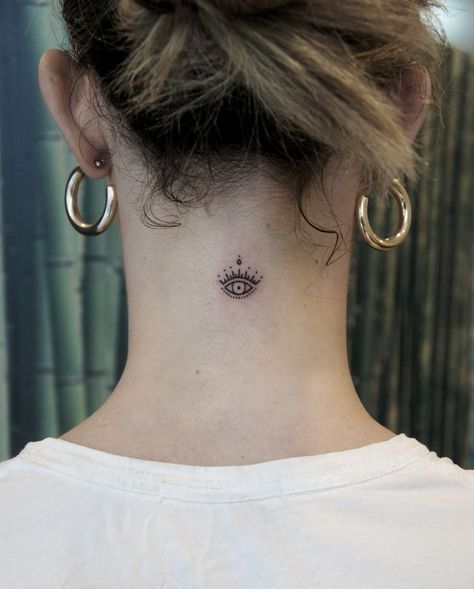 Evil Eye Elbow Tattoo, Evil Eye Sun Tattoo, Back Of Neck Eye Tattoo, Evil Eye Tattoo Neck, Evil Eye Tattoo Back Of Neck, Attract No Evil Tattoo, Eye Of Protection Tattoo, Eye Protection Tattoo, Devil Eye Tattoo