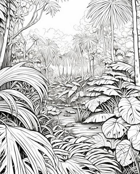 Jungle Background Drawing, Jungle Drawing Sketches, Rain Forest Drawing, Jungle Art Tropical, Jungle Sketch, Drawing Landscapes, Jungle Coloring Pages, Jungle Drawing, Forest Sketch