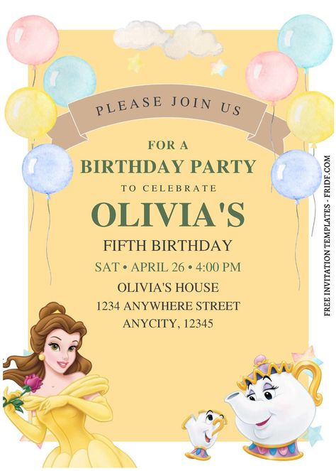 (Free Editable PDF) Royal Disney Princess Belle Birthday Invitation Templates Bell Birthday Party Ideas Princess, Disney Invitations Templates, Disney Princess Birthday Invitations, Princess Belle Party, Belle Birthday Party, Belle Birthday, Twin Birthday Parties, Rainbow Invitations, Beauty And The Beast Party