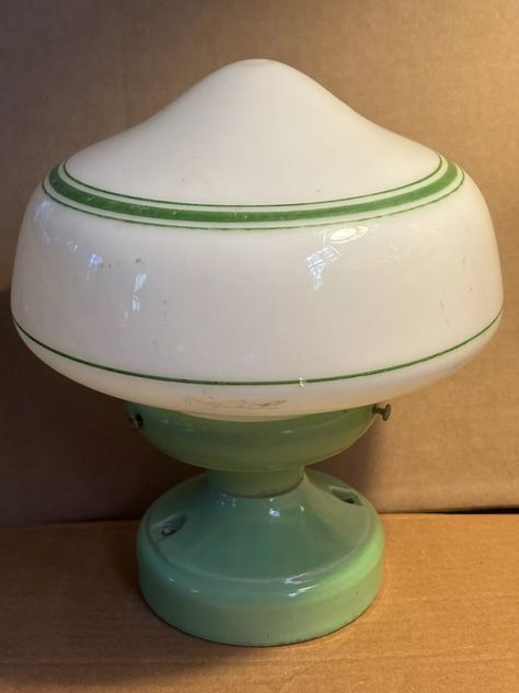 Vintage 1930s Alabax Green Porcelain Light Fixture Ceiling Mount Art Deco Stripe | eBay 1920s Light Fixtures, Pizza Bear, Vintage Ceiling Fan, 1930s Furniture, 1940s Wartime, Art Deco Light Fixture, Porcelain Light, Art Deco Ceiling Light, Painted Globe