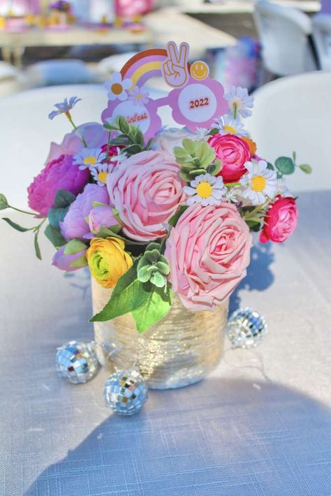 Groovy Theme Centerpieces, Groovy One Birthday Centerpiece, Five Is A Vibe Centerpiece, Hippie Party Centerpieces, Groovy Centerpiece Ideas Diy, Groovy First Birthday Centerpieces, Two Groovy Centerpiece, Two Groovy Birthday Party Centerpieces, Groovy One Table Centerpiece